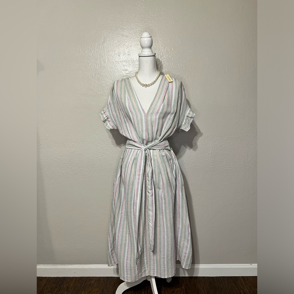 MAX STUDIO Striped Flutter Sleeve Midi Dress V-Neck Smocked Tie Waist Sz M